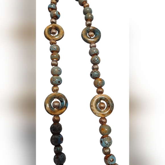 Aqua Green Glass Teardrop Shape With Calcilica Beads 20" Long - Picture 5 of 8